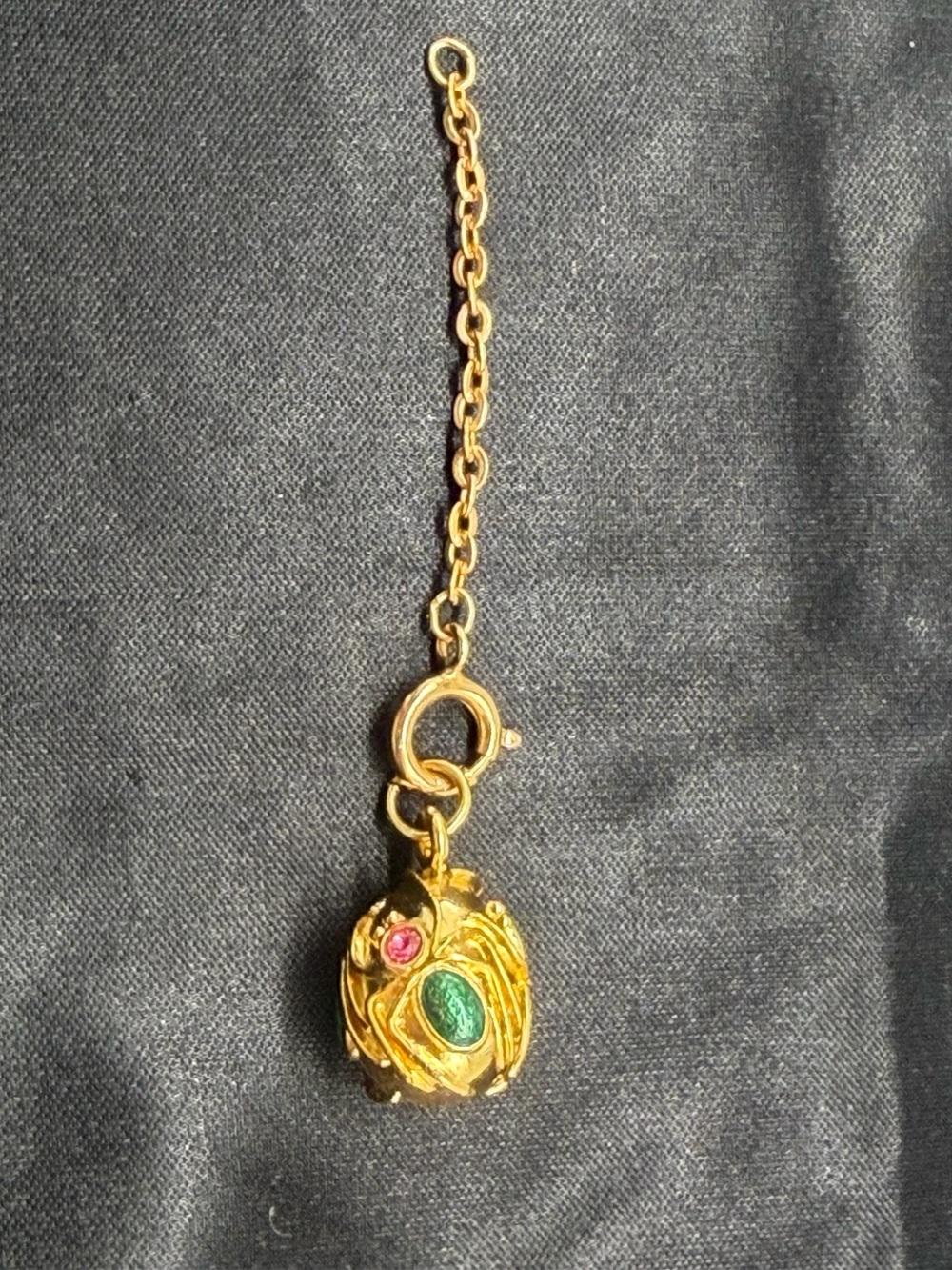 Joan Rivers Spider Faberge Egg Charm Green Cabochon Rhinestone Gold Tone Vintage